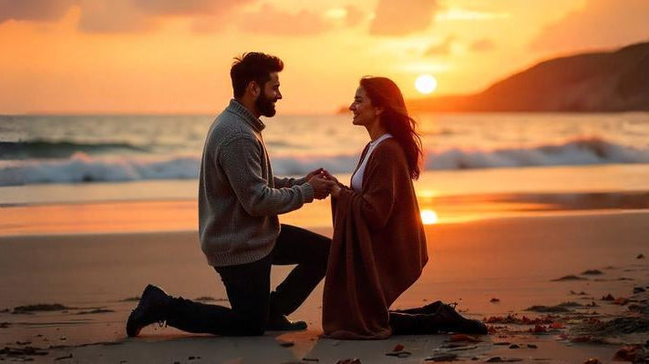 Man proposing to woman on the beach at sunset with waves in the background