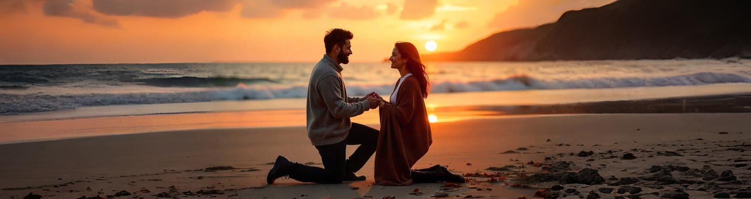 Man proposing to woman on the beach at sunset with waves in the background